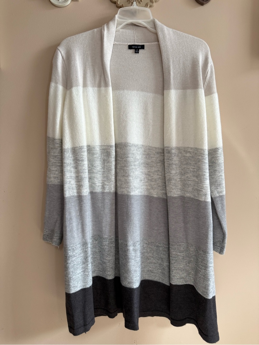 LN Verve Ami Striped Open-Front Cardigan in White, Light Gray, Gray & Dark Gray
